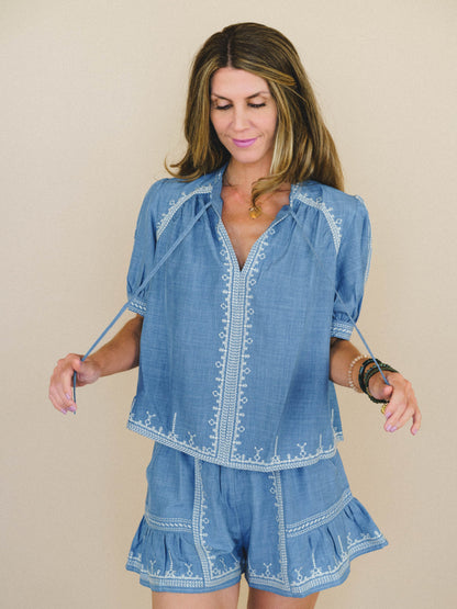 Doxi Embroidered Denim Blouse - Denim