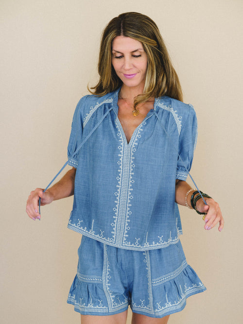 Doxi Embroidered Denim Blouse - Denim
