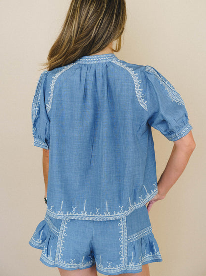 Doxi Embroidered Denim Blouse - Denim