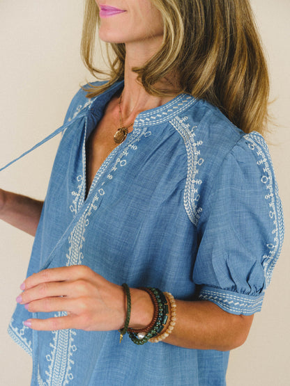 Doxi Embroidered Denim Blouse - Denim