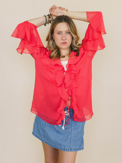 Ginger Rose Ruffle Blouse - Red Orange