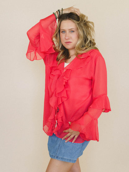 Ginger Rose Ruffle Blouse - Red Orange