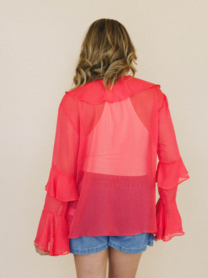 Ginger Rose Ruffle Blouse - Red Orange