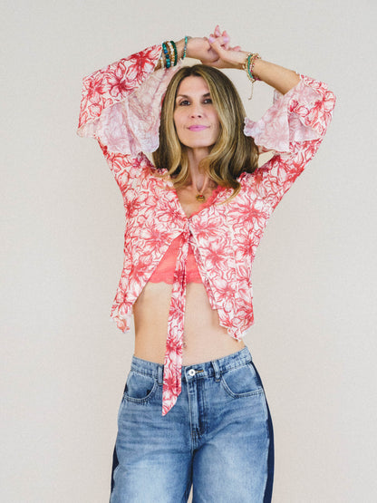 Foxy Flower Bell Sleeve Top - Red