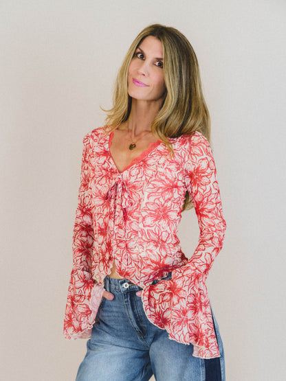 Foxy Flower Bell Sleeve Top - Red