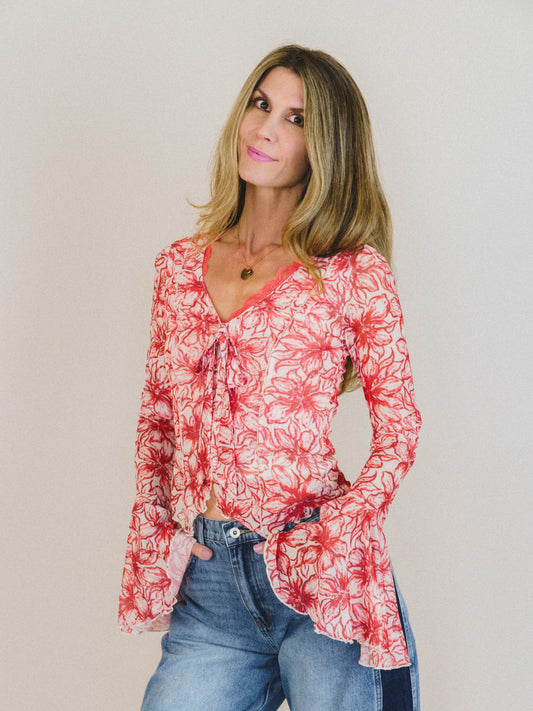 Foxy Flower Bell Sleeve Top - Red