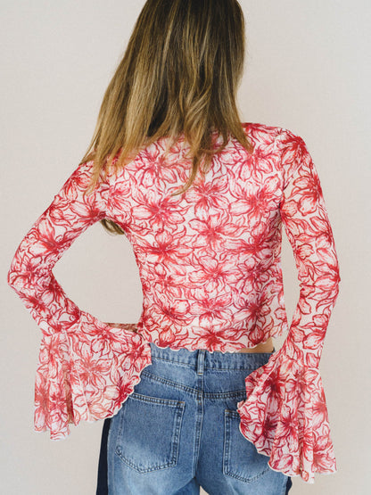 Foxy Flower Bell Sleeve Top - Red