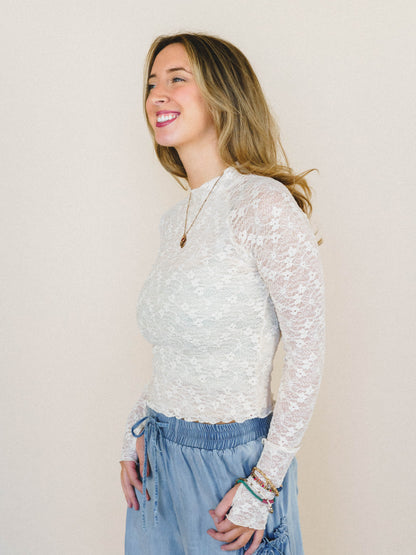 Lace Crush Long Sleeve Top - Cream