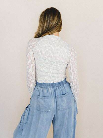 Lace Crush Long Sleeve Top - Cream