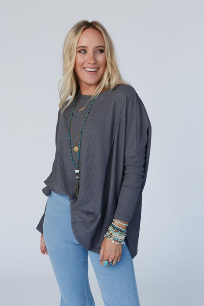 The Nest Rosemary Contrast Long Sleeve Top - Charcoal