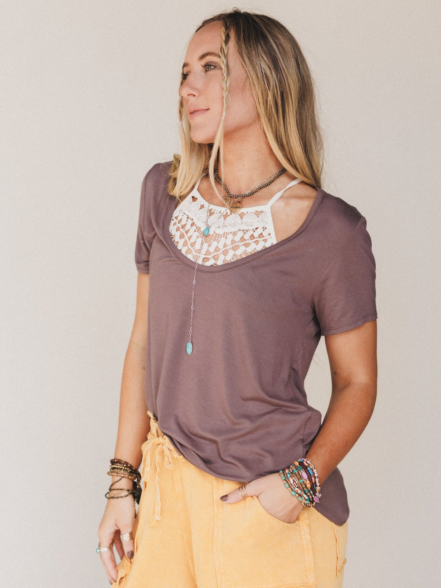 Scoop Neck Bralette Tee - Mocha