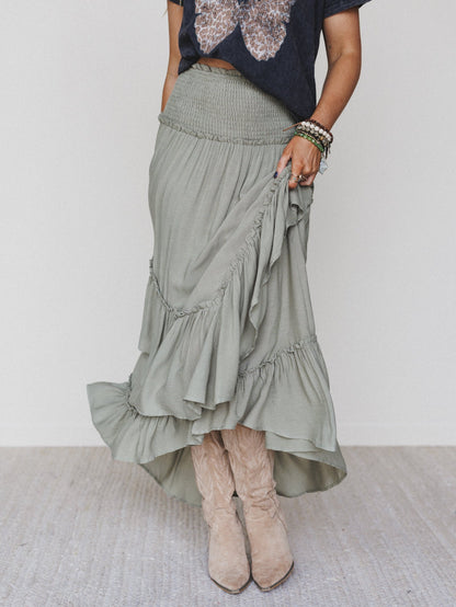 Washed Ashore Ruffled Maxi Skirt - Olive