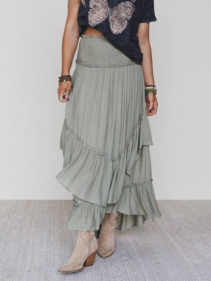 Washed Ashore Ruffled Maxi Skirt - Olive