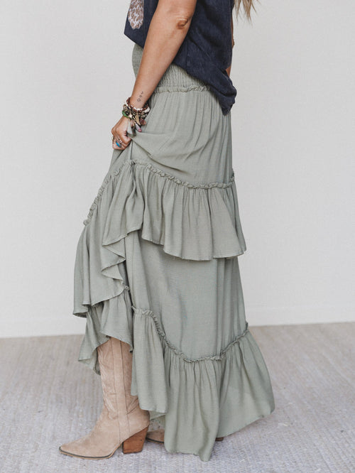 Washed Ashore Ruffled Maxi Skirt - Olive