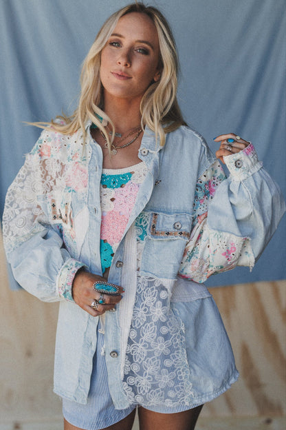 Hopeless Romantic Floral Lace Denim Jacket - Denim