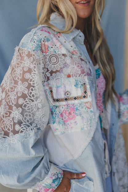 Hopeless Romantic Floral Lace Denim Jacket - Denim