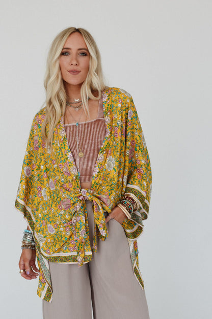 Flower Daze Front Tie Kimono - Mustard
