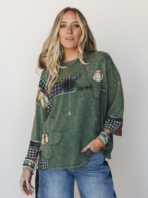 Wild Iris Patchwork Top - Olive