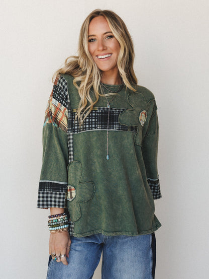 Wild Iris Patchwork Top - Olive