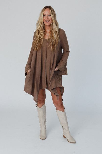 The Nest Golden Hour Long Bell Sleeve Tunic Dress - Mocha