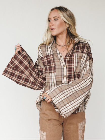 Plaid Flannel Bell Sleeve Top - Brown