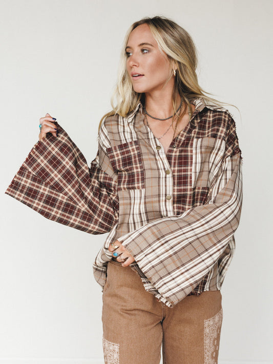 Plaid Flannel Bell Sleeve Top - Brown