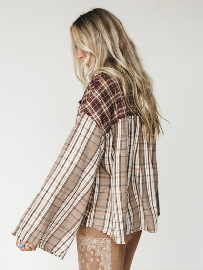 Plaid Flannel Bell Sleeve Top - Brown