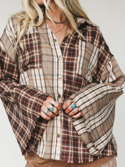 Plaid Flannel Bell Sleeve Top - Brown