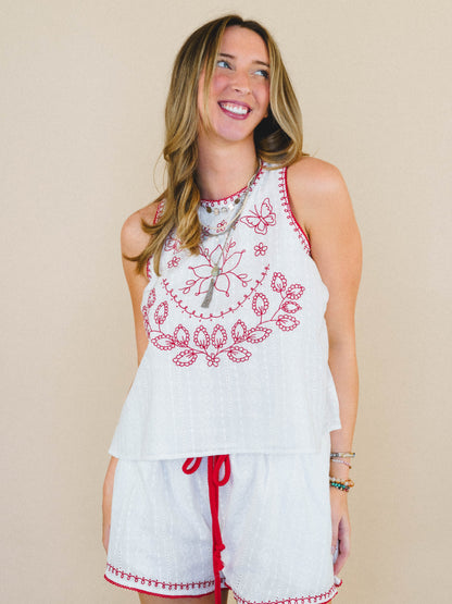 Dreaming of Islands Embroidered Top - Off White Red