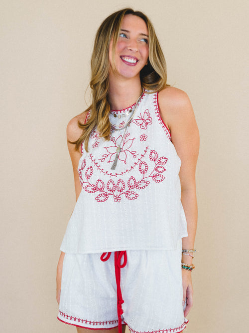 Dreaming of Islands Embroidered Top - Off White Red