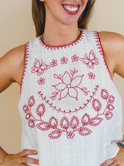 Dreaming of Islands Embroidered Top - Off White Red