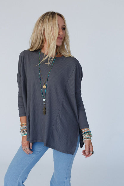 The Nest Rosemary Contrast Long Sleeve Top - Charcoal