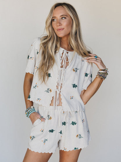 Fleur Amore Embroidered Tie Front Top - Oatmeal