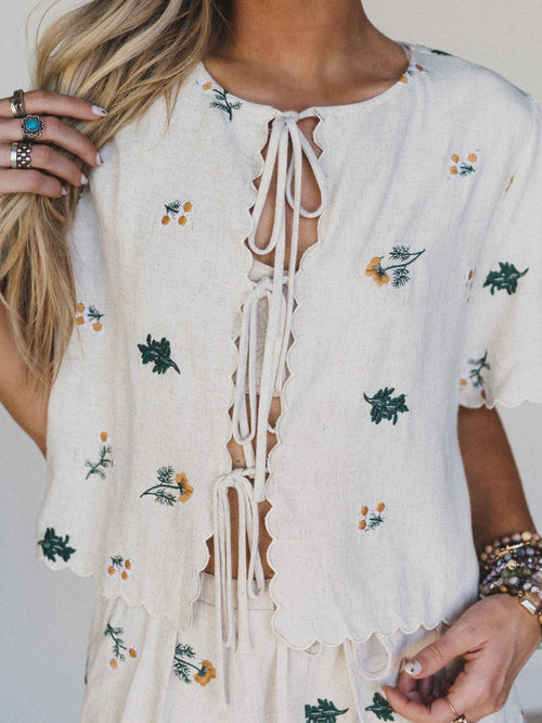 Fleur Amore Embroidered Tie Front Top - Oatmeal