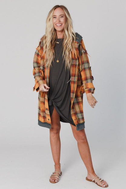Flannel Layers Hooded Jacket - Orange Multi