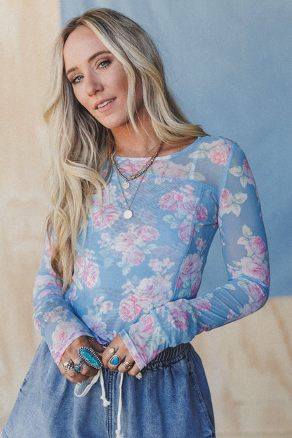 Heidi Floral Mesh Top - Blue