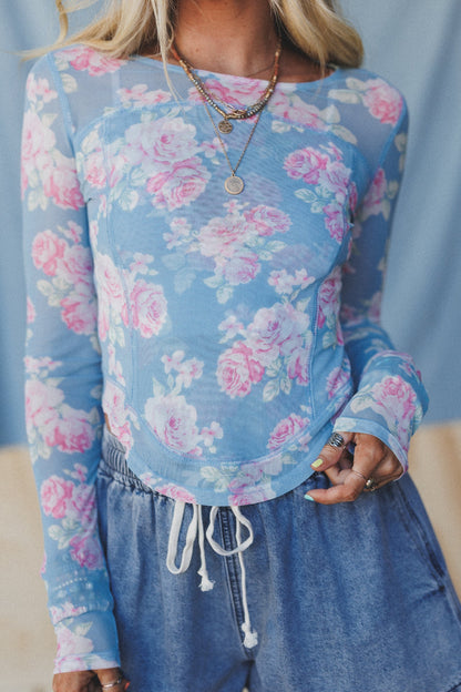 Heidi Floral Mesh Top - Blue