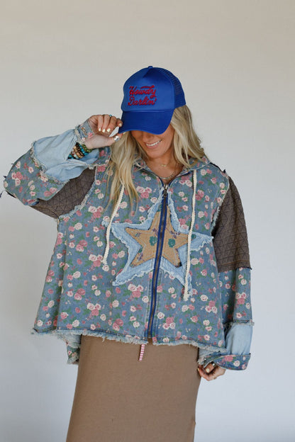 Starlit Petals Hoodie Jacket - Denim