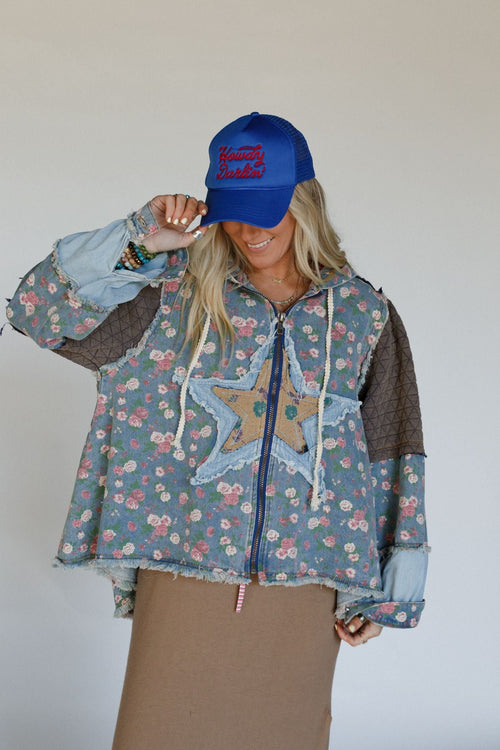Starlit Petals Hoodie Jacket - Denim