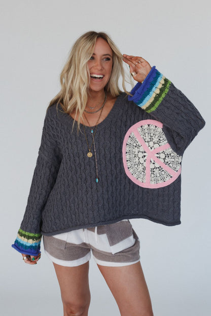 Harmony Peace Patch Sweater - Charcoal