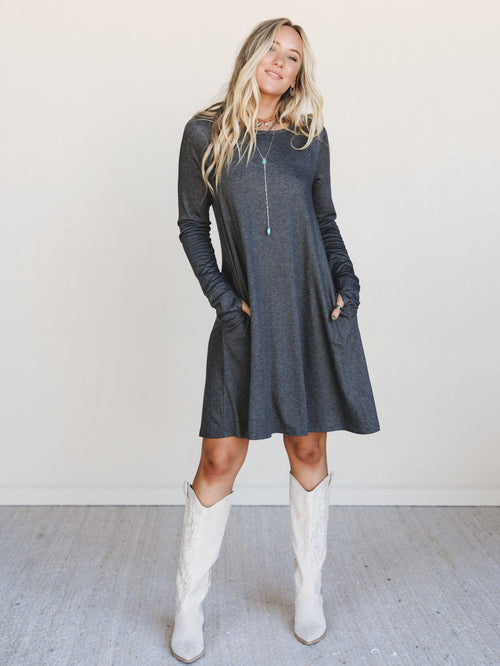 The Nest Jake Long Sleeve Crewneck Dress - Charcoal