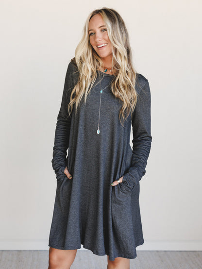The Nest Jake Long Sleeve Crewneck Dress - Charcoal