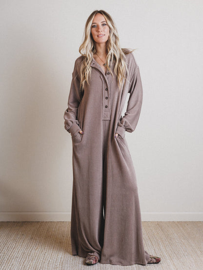 The Nest Daphne Textured Long Sleeve Jumpsuit - Acorn