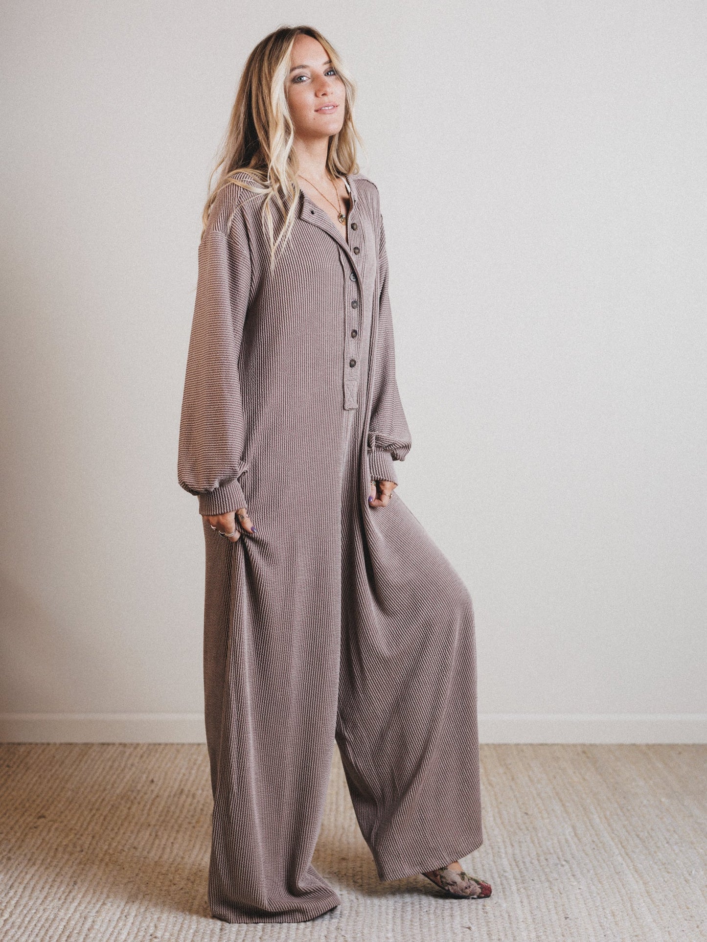 The Nest Daphne Textured Long Sleeve Jumpsuit - Acorn