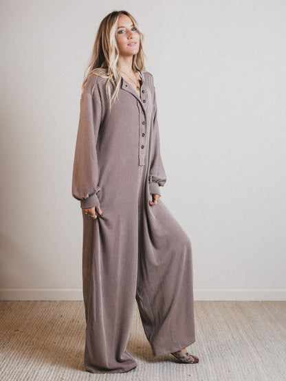 The Nest Daphne Textured Long Sleeve Jumpsuit - Acorn