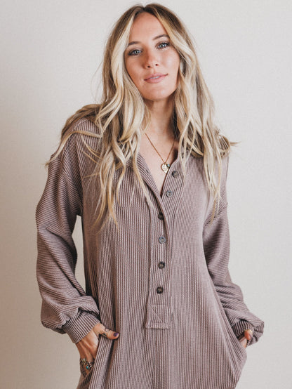 The Nest Daphne Textured Long Sleeve Jumpsuit - Acorn