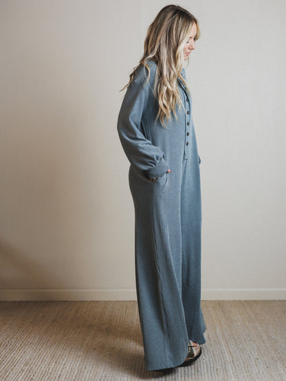 The Nest Daphne Textured Long Sleeve Jumpsuit - Seafoam