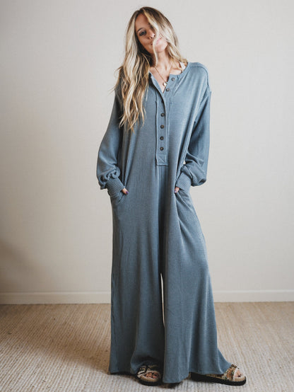 The Nest Daphne Textured Long Sleeve Jumpsuit - Seafoam