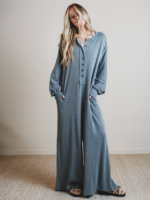The Nest Daphne Textured Long Sleeve Jumpsuit - Seafoam