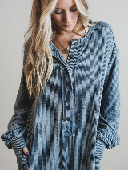 The Nest Daphne Textured Long Sleeve Jumpsuit - Seafoam